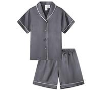 Ewbob Boys Silk Satin Pyjamas Set Short Sleeve Button-Down Kids PJs Breathable Soft Nightwear Children Sleepwear Age 5-14(C36-005)-Dark Gray-9-10Y