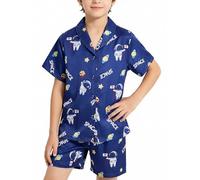 Ewbob Boys Silk Satin Pyjamas Set Short Sleeve Button-Down Kids PJs Breathable Soft Nightwear Children Sleepwear Age 5-14(C36-002)-Navy Astronaut-9-10Y