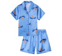 Ewbob Boys Silk Satin Pyjamas Set Short Sleeve Button-Down Kids PJs Breathable Soft Nightwear Children Sleepwear Age 5-14(C36-001)-Blue Puppy-9-10Y