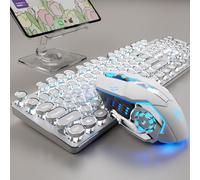 EWEADN TK950 Retro Typewriter Mechanical Keyboard and Mouse Combo, 104-Key Wireless Bluetooth/2.4G/Wired Gaming Keyboard, White Backlit, Clicky Blue Switch, Round Keycaps for Mac/PC/Laptop-White