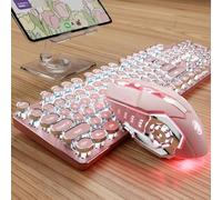 EWEADN TK950 Retro Typewriter Mechanical Keyboard and Mouse Combo, 104-Key Wireless Bluetooth/2.4G/Wired Gaming Keyboard, White Backlit, Clicky Blue Switch, Round Keycaps for Mac/PC/Laptop-Pink