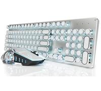 EWEADN TK950 Typewriter Mechanical Keyboard and Mouse, 104 Keys Aesthetic Typewriter Keyboard Mouse Combo with Blue Backlit, Anti-Ghosting, Blue Switch Bluetooth/2.4GHz/Wired Cute Keyboards-White