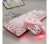 EWEADN TK950 Wireless Typewriter Keyboard and Mouse Combo 104 Keys Retro Mechanical Keyboard with White Backlight Anti-Ghosting Blue Switch