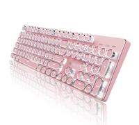 EWEADN TK950 Wireless Typewriter Mechanical Keyboard, Rechargeable Gaming Keyboard with White Backlit, 104 Retro Round Keys, Blue Switches, Bluetooth/2.4G/Wired Keyboard for Windows/Mac/PC-Pink