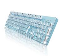 EWEADN TK950 Wireless Typewriter Mechanical Keyboard, Rechargeable Gaming Keyboards with White Backlit, 104 Retro Round Keys, Blue Switches, Bluetooth/2.4G/Wired Keyboard for Windows/Mac/PC-Blue