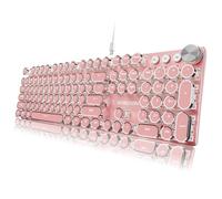 EWEADN Typewriter Style Mechanical Keyboard, Wired Typewriter Keyboards,104 Keys Backlit LED Metal Keyboards, Media Control Knob, Wired Computer Keyboard White Switch for Windows/Mac/PC-Dark Pink
