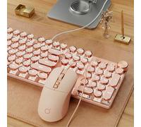 EWEADN Wired Typewriter Keyboard and Mouse Combo, Typewriter Style Mechanical Keyboard,104 Keys Backlit LED Keyboards, Media Control Knob, Wired Keyboard Pink Switch for Windows/PC-Pink