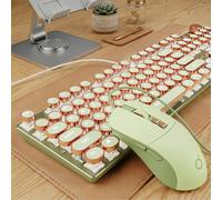 EWEADN Wired Typewriter Keyboard and Mouse Combo, Typewriter Style Mechanical Keyboard,104 Keys Backlit LED Keyboards, Media Control Knob, Wired Keyboard Pink Switch for Windows/PC-Green