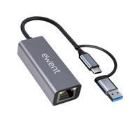 Ewent USB-C to RJ45 Ethernet Adapter Gigabit 1000 Mbps, USB-C and USB-A, 15 cm cable, compact aluminium design, Plug & Play for PC, laptop and tablet, Windows, macOS, Linux, ChromeOS