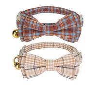 Ewinoom 2 Pack Soft Cotton Cat Collars with Bowtie and Bell Breakaway Plaid Cat Kitten Collar(Beige and Amber)