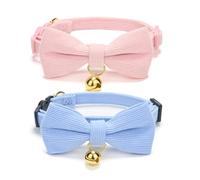 Ewinoom Cat Collars Soft Corduroy with Bow Tie and Bell Adjustable Cotton Collar for Girls Boys Kittens (Pink and Blue)