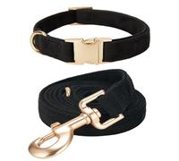 Ewinoom Soft Corduroy Dog Collar and Leash Set, Adjustable Cotton Dog Collars with Metal Buckle and Lead for Medium Dogs,Black