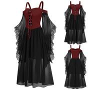 Ewleguzka Halloween Dresses for Women Vintage Flared Sleeve Chiffon Mesh Ruffle Maxi Dress Cold Shoulder Drawstring Corset Party Medieval Costumes Elegant Evening Party