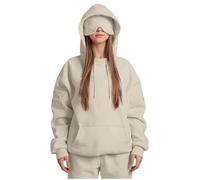 Ewleguzka Travel Hoodie with Eye Mask Built In,Comfrt Airplane Wearable Blanket Hoodie for Adults Men Women 4 Pockets Beige