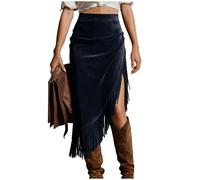 Ewleguzka Womens Fringe Faux Suede Maxi Skirt High Waist Elasticated Bohemian Straight Long, Tassel A Line