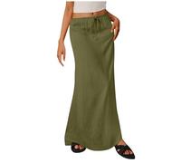 Ewleguzka Women's Pull-on Midi Skirts Long Elastic High Waist Linen Loose Straight Maxi Skirt Solid Color Breathable Dress