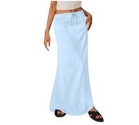 Ewleguzka Women's Pull-on Midi Skirts Long Elastic High Waist Linen Loose Straight Maxi Skirt Solid Color Breathable Dress