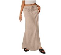 Ewleguzka Women's Pull-on Midi Skirts Long Elastic High Waist Linen Loose Straight Maxi Skirt Solid Color Breathable Dress