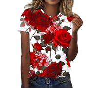 Ewleguzka Womens Tops Dressy Casual Short Sleeve Shirts Retro Cute Floral Print Tshirt Tunic Pullover Petite Blouse Ladies Spring Summer Tops,Red,M