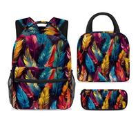 ewndhtse School Backpack Set with Lunch Bag Pencil Case, 3 Pcs School Book Bags Set Travel Backpack Casual Daypack for Teens Girls Boys Primary Junior Middle - Psychedelic Feathers