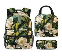 ewndhtse School Backpack Set with Lunch Bag Pencil Case, 3 Pcs School Book Bags Set Travel Backpack Casual Daypack for Teens Girls Boys Primary Junior Middle - White Magnolias Pattern