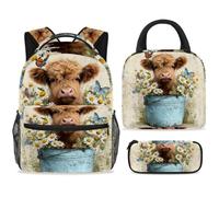 ewndhtse School Backpack Set with Lunch Bag Pencil Case, 3 Pcs School Book Bags Set Travel Backpack Casual Daypack for Teens Girls Boys Primary Junior Middle - Highland Cow and Metal Bucket