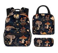 ewndhtse School Backpack Set with Lunch Bag Pencil Case, 3 Pcs School Book Bags Set Travel Backpack Casual Daypack for Teens Girls Boys Primary Junior Middle - Moonlight Plants Mushrooms Flowers