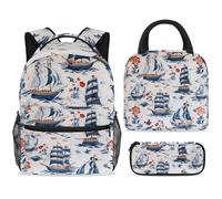 ewndhtse School Backpack Set with Lunch Bag Pencil Case, 3 Pcs School Book Bags Set Travel Backpack Casual Daypack for Teens Girls Boys Primary Junior Middle - Nautical Coastal
