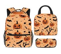 ewndhtse School Backpack Set with Lunch Bag Pencil Case, 3 Pcs School Book Bags Set Travel Backpack Casual Daypack for Teens Girls Boys Primary Junior Middle - Hallowed Pumpkin Bat
