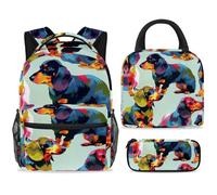 ewndhtse School Backpack Set with Lunch Bag Pencil Case, 3 Pcs School Book Bags Set Travel Backpack Casual Daypack for Teens Girls Boys Primary Junior Middle - Colorful Dachshund Dogs
