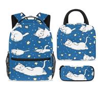 ewndhtse School Backpack Set with Lunch Bag Pencil Case, 3 Pcs School Book Bags Set Travel Backpack Casual Daypack for Teens Girls Boys Primary Junior Middle - Sleeping Cat