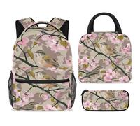 ewndhtse School Backpack Set with Lunch Bag Pencil Case, 3 Pcs School Book Bags Set Travel Backpack Casual Daypack for Teens Girls Boys Primary Junior Middle - Birds in Spring Cherry Blossom
