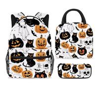 ewndhtse School Backpack Set with Lunch Bag Pencil Case, 3 Pcs School Book Bags Set Travel Backpack Casual Daypack for Teens Girls Boys Primary Junior Middle - Halloween Pumpkin Cats Bats