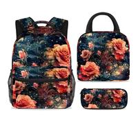 ewndhtse School Backpack Set with Lunch Bag Pencil Case, 3 Pcs School Book Bags Set Travel Backpack Casual Daypack for Teens Girls Boys Primary Junior Middle - Beautiful Rose Galaxy Starry