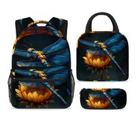 ewndhtse School Backpack Set with Lunch Bag Pencil Case, 3 Pcs School Book Bags Set Travel Backpack Casual Daypack for Teens Girls Boys Primary Junior Middle - Dragonfly and Sunflower