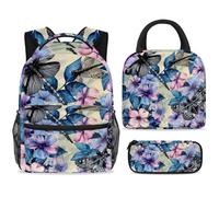 ewndhtse School Backpack Set with Lunch Bag Pencil Case, 3 Pcs School Book Bags Set Travel Backpack Casual Daypack for Teens Girls Boys Primary Junior Middle - Flower Butterfly Dragonfly Pattern