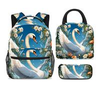 ewndhtse School Backpack Set with Lunch Bag Pencil Case, 3 Pcs School Book Bags Set Travel Backpack Casual Daypack for Teens Girls Boys Primary Junior Middle - Cute Swan and Flower