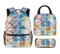 ewndhtse School Backpack Set with Lunch Bag Pencil Case, 3 Pcs School Book Bags Set Travel Backpack Casual Daypack for Teens Girls Boys Primary Junior Middle - Colorful Plaid Crossing Lines