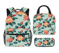 ewndhtse School Backpack Set with Lunch Bag Pencil Case, 3 Pcs School Book Bags Set Travel Backpack Casual Daypack for Teens Girls Boys Primary Junior Middle - Rose Leaf Green