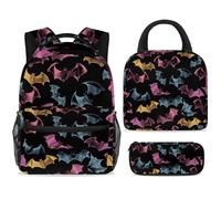 ewndhtse School Backpack Set with Lunch Bag Pencil Case, 3 Pcs School Book Bags Set Travel Backpack Casual Daypack for Teens Girls Boys Primary Junior Middle - Colorful Bats