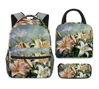 ewndhtse School Backpack Set with Lunch Bag Pencil Case, 3 Pcs School Book Bags Set Travel Backpack Casual Daypack for Teens Girls Boys Primary Junior Middle - White Lily Flowers Blooming
