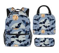 ewndhtse School Backpack Set with Lunch Bag Pencil Case, 3 Pcs School Book Bags Set Travel Backpack Casual Daypack for Teens Girls Boys Primary Junior Middle - Halloween Bats Moon