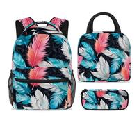ewndhtse School Backpack Set with Lunch Bag Pencil Case, 3 Pcs School Book Bags Set Travel Backpack Casual Daypack for Teens Girls Boys Primary Junior Middle - Colorful Feathers