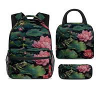 ewndhtse School Backpack Set with Lunch Bag Pencil Case, 3 Pcs School Book Bags Set Travel Backpack Casual Daypack for Teens Girls Boys Primary Junior Middle - Frog on Lotus Pond