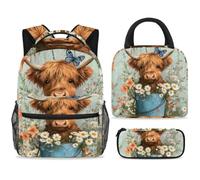 ewndhtse School Backpack Set with Lunch Bag Pencil Case, 3 Pcs School Book Bags Set Travel Backpack Casual Daypack for Teens Girls Boys Primary Junior Middle - Highland Cow and Bucket