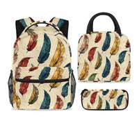 ewndhtse School Backpack Set with Lunch Bag Pencil Case, 3 Pcs School Book Bags Set Travel Backpack Casual Daypack for Teens Girls Boys Primary Junior Middle - Vintage Feather