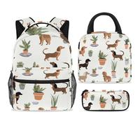 ewndhtse School Backpack Set with Lunch Bag Pencil Case, 3 Pcs School Book Bags Set Travel Backpack Casual Daypack for Teens Girls Boys Primary Junior Middle - Cactus Dachshund