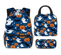 ewndhtse School Backpack Set with Lunch Bag Pencil Case, 3 Pcs School Book Bags Set Travel Backpack Casual Daypack for Teens Girls Boys Primary Junior Middle - Halloween Pumpkins Bats