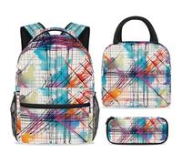 ewndhtse School Backpack Set with Lunch Bag Pencil Case, 3 Pcs School Book Bags Set Travel Backpack Casual Daypack for Teens Girls Boys Primary Junior Middle - Colorful Plaid Crossing Lines
