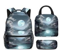 ewndhtse School Backpack Set with Lunch Bag Pencil Case, 3 Pcs School Book Bags Set Travel Backpack Casual Daypack for Teens Girls Boys Primary Junior Middle - Moonlight by the Lake